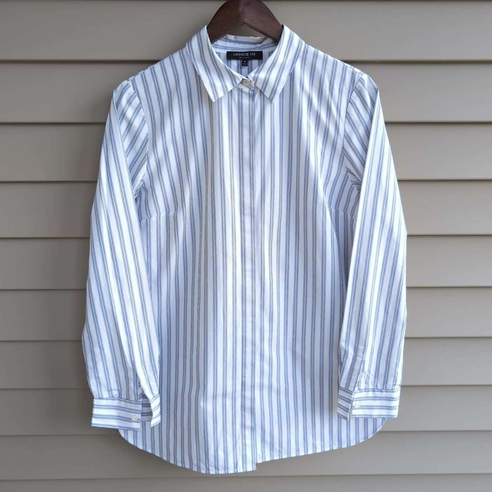 Lafayette 148 New York Shirt Womens M Blue White Striped Cotton Button Down